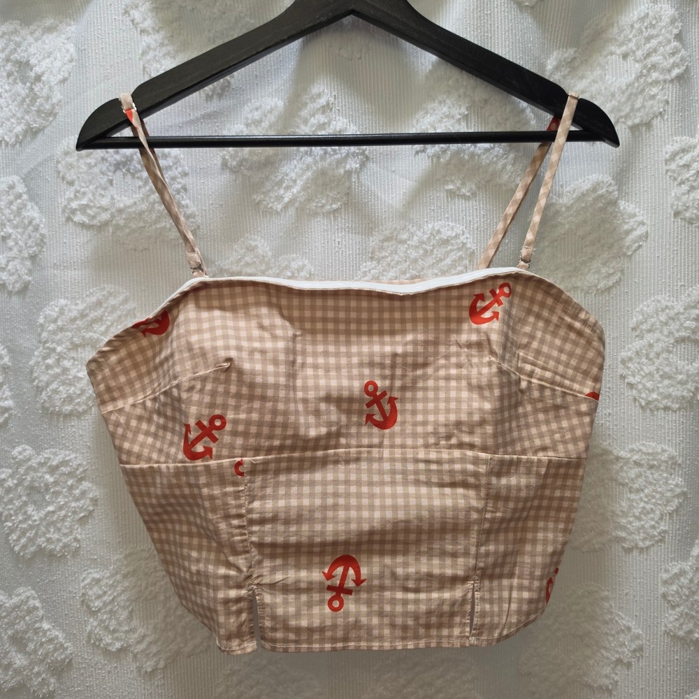 NWT Celandine Tan Gingham Red Anchor Bustier Cami Top Large‎ Nautical Smocked